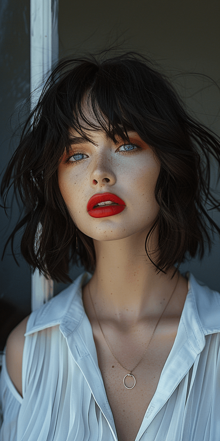 AI generated: pretty woman, black bob haircut with bangs, red lipstick, white shirt, photography in the style of M...
