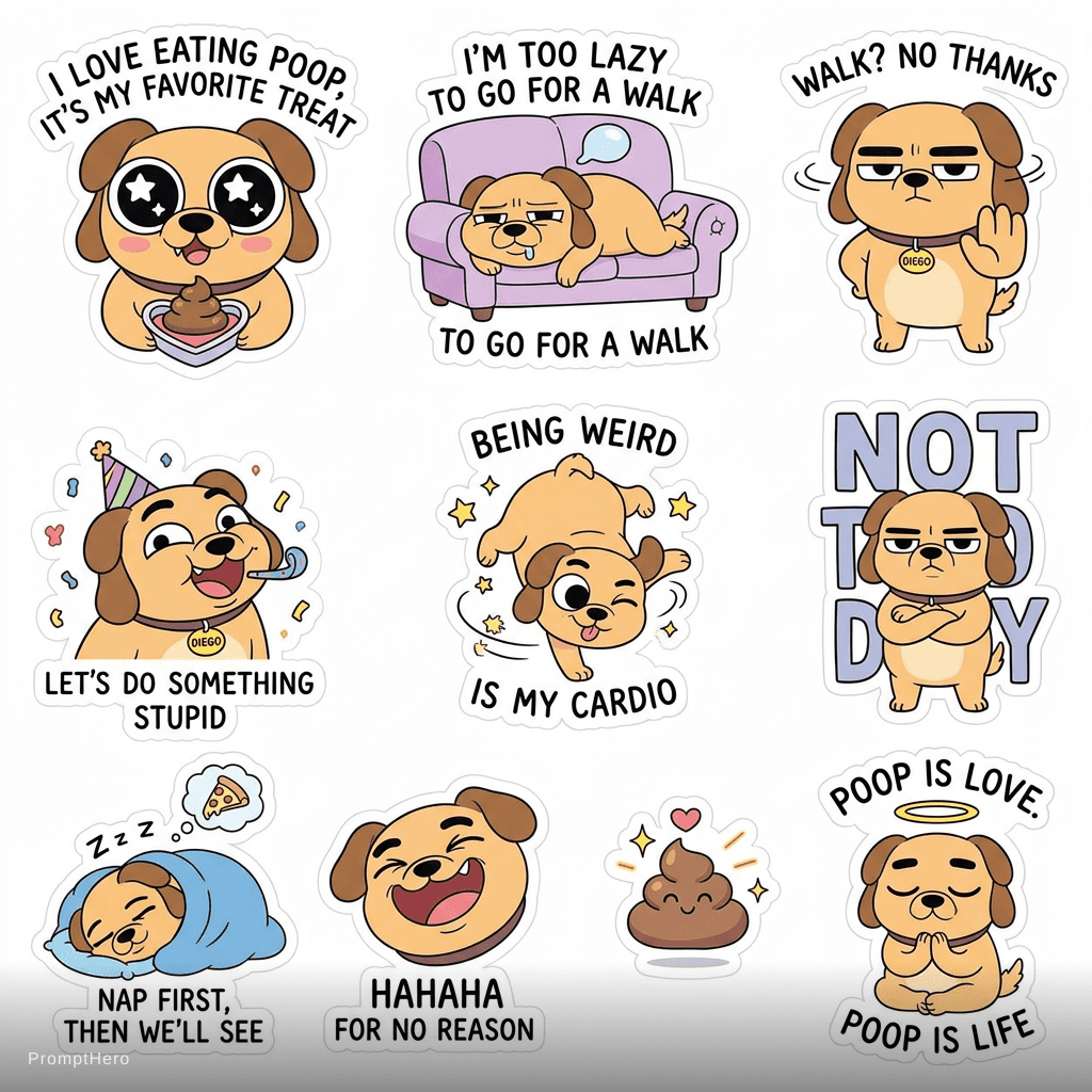 AI generated: A funny sticker pack featuring a dog named Diego. Cute, silly, slightly chaotic personality. Big exp...