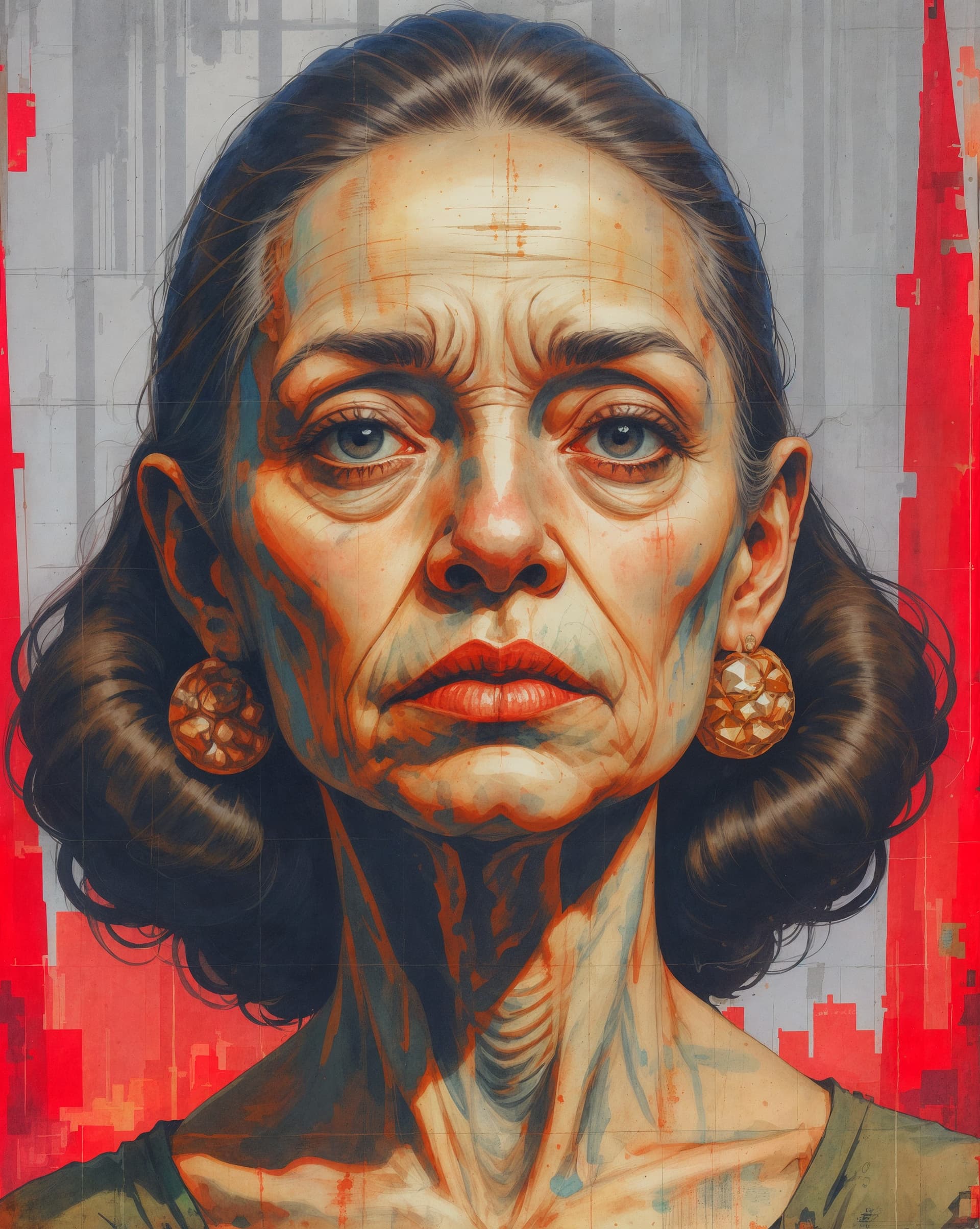 AI generated: illustration of an old woman, cubism like, painting, detailed