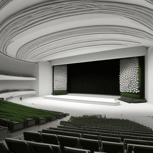 AI generated: auditorio con vegetacion en techo  paredes de piedra colores claros
