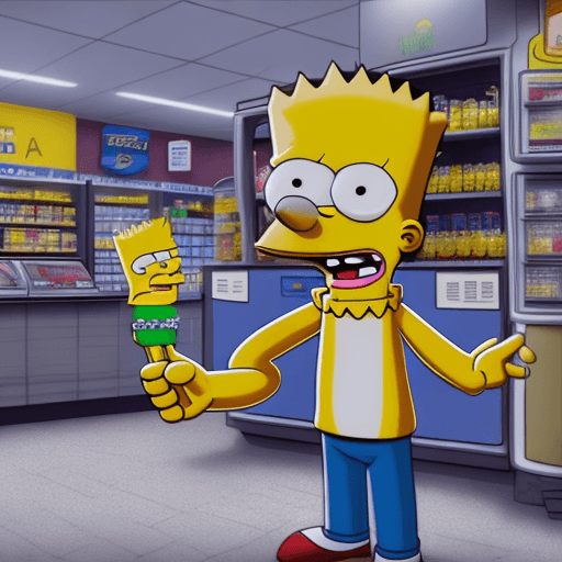 AI generated: bart simpson as a clerk in a gas station, photorealistic, vray
