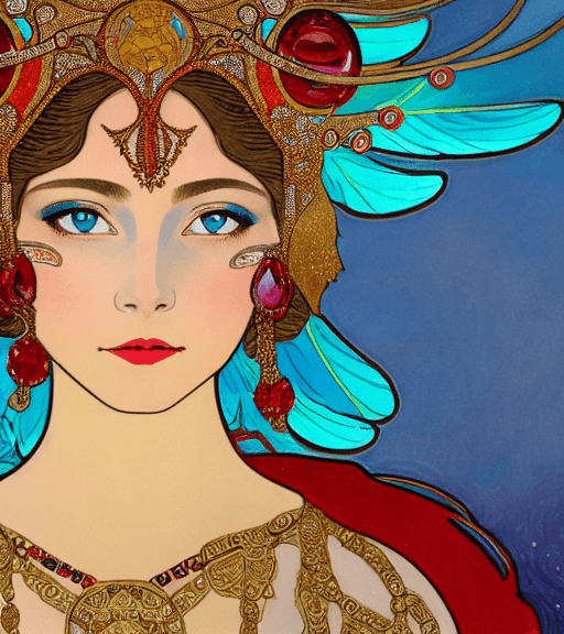 AI generated: high resolution 8k, Erté + Mucha master painter, Byzantine artwork, 
young lady close up face, compl...