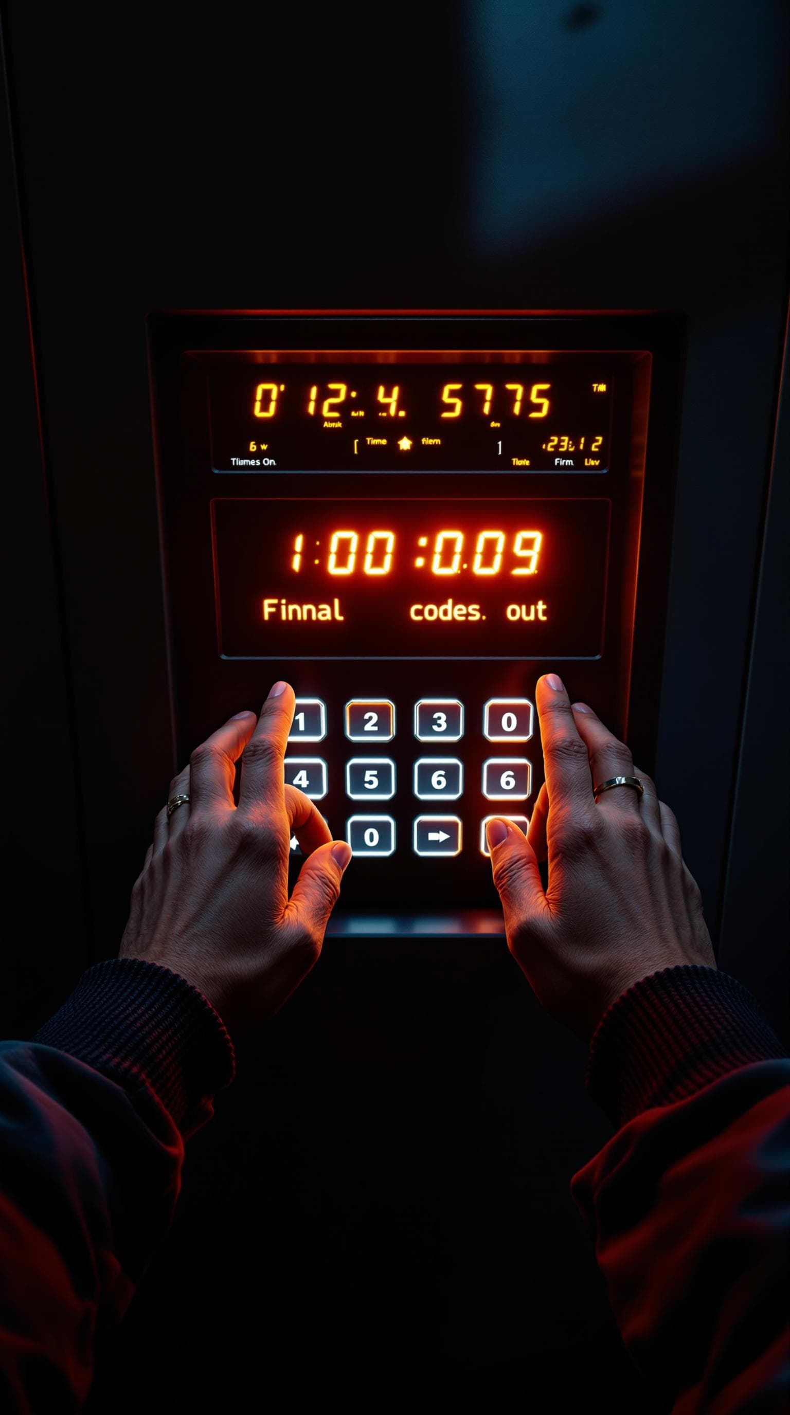 AI generated: "First-person perspective of a person standing in front of a secure terminal. Your hands hover over ...
