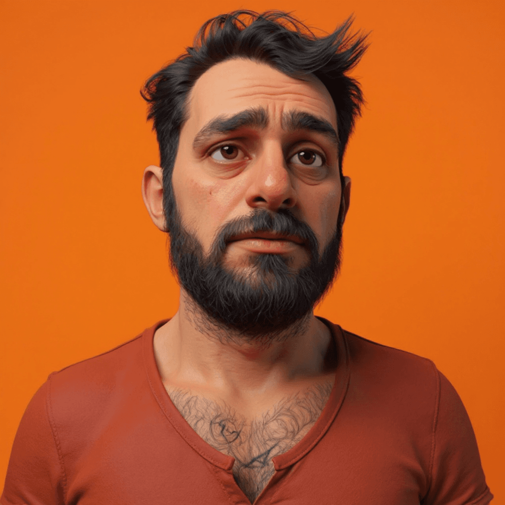 AI generated: A caricature of a man with exaggerated features is set against a vibrant orange backdrop. His skin i...