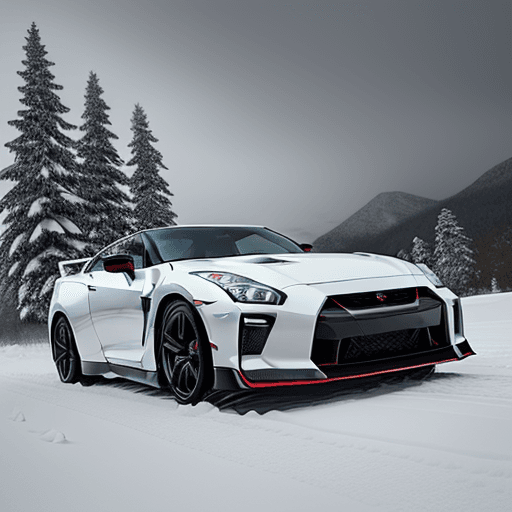 AI generated: "Craft a visually striking scene featuring a Nissan GT-R parked in a serene winter landscape, blanke...