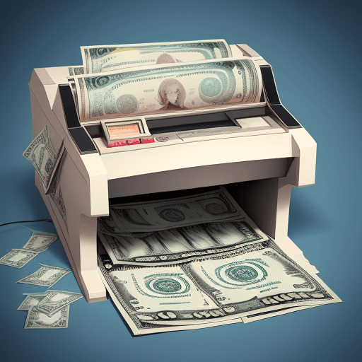 AI generated: Money counting machine with 100-dollar bills entering from one side and 200-dollar bills coming out ...