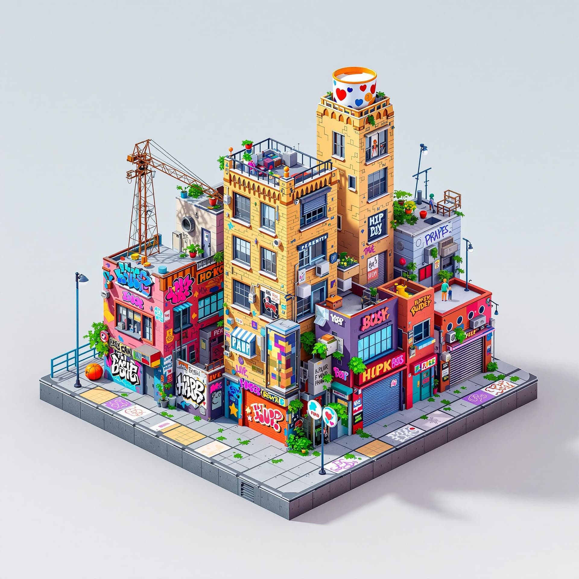 AI generated: 3d illustration hip hop urban buildings and with a little graffiti walls