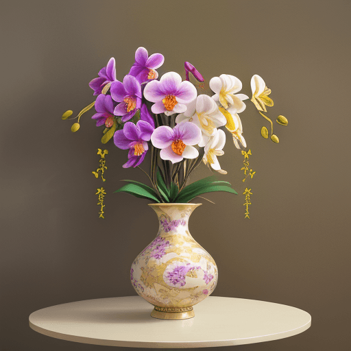 AI generated: wide angle photograph of a large and bountiful orchid and wild blossoms arrangement being displayed:...