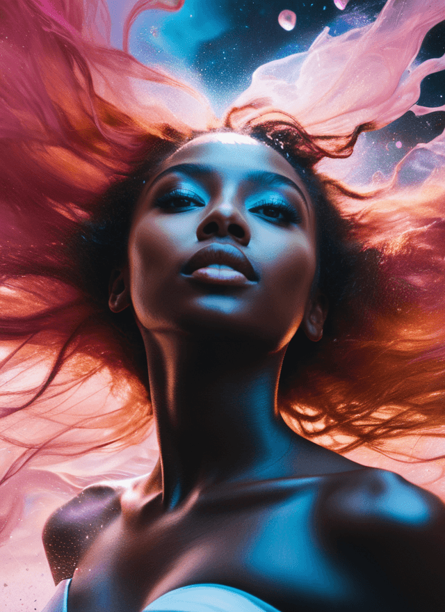 AI generated: a perfect dark skin girl flying through a magical portal inside liquid of the (universe:1.2) and hun...