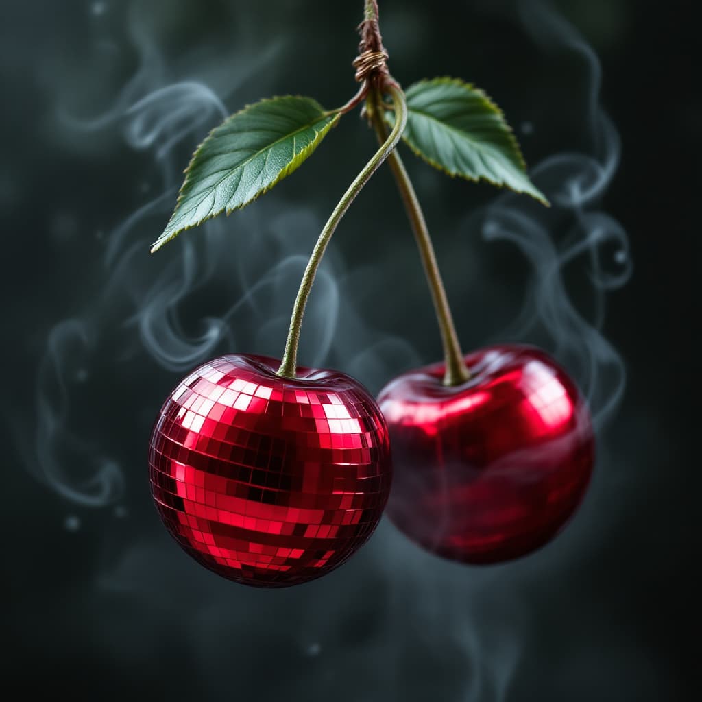 AI generated:  metalic  2 red disco ball cherries on a connecting steam with leafs