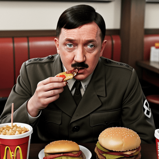 AI generated: Photo realistic Adolf Hitler avidly eats burger in McDonalds