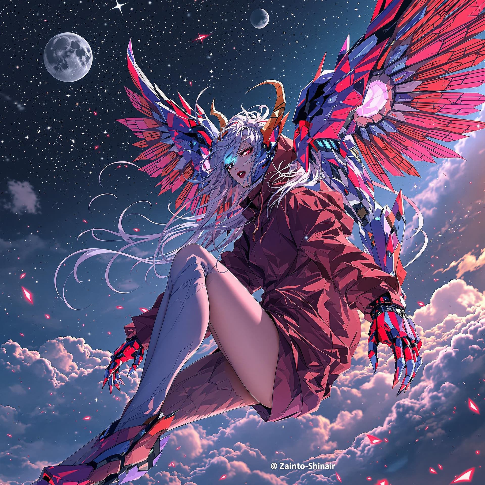 AI generated: Makoto Shinkai styled anime, adult woman, transforming into Evangelion Demonic Demon inspired mecha,...