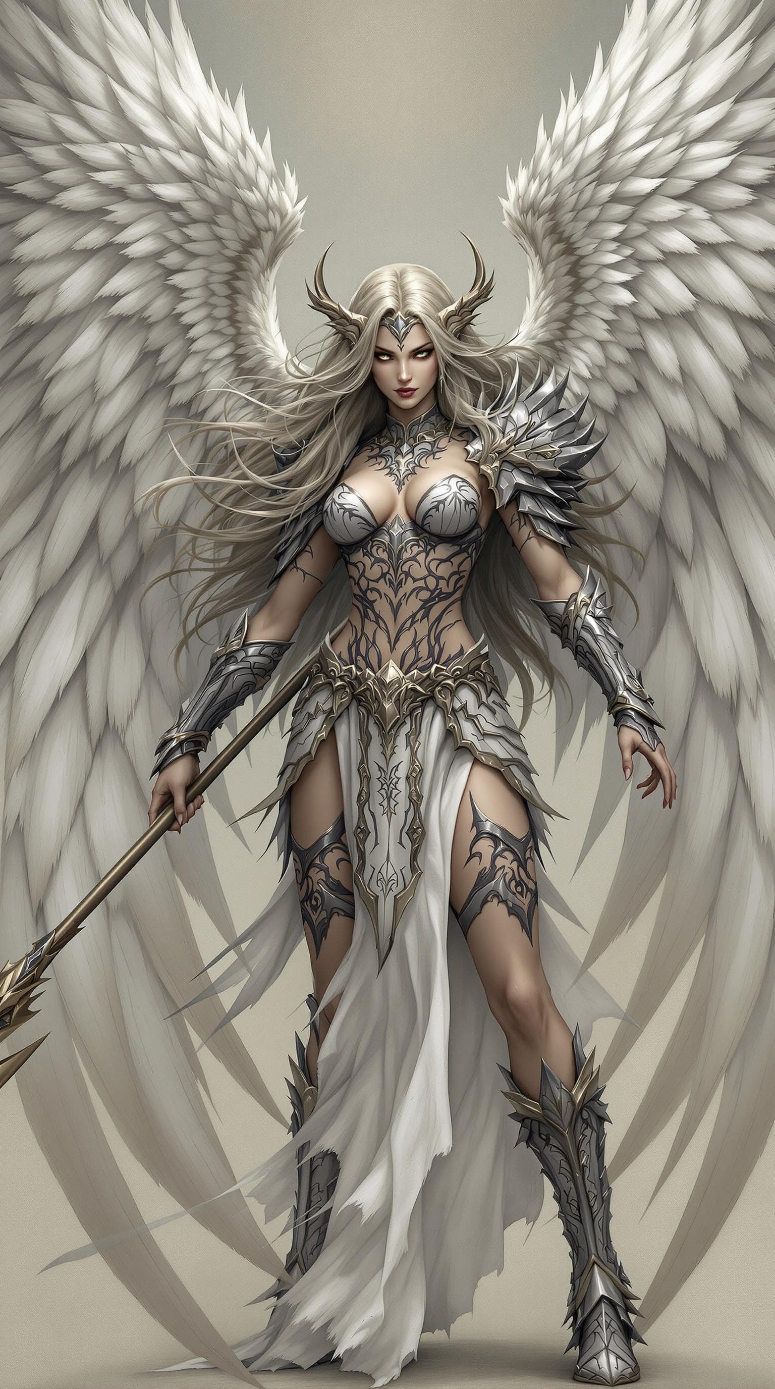 AI generated: This image features a powerful and ethereal figure resembling a warrior or guardian. She has large, ...