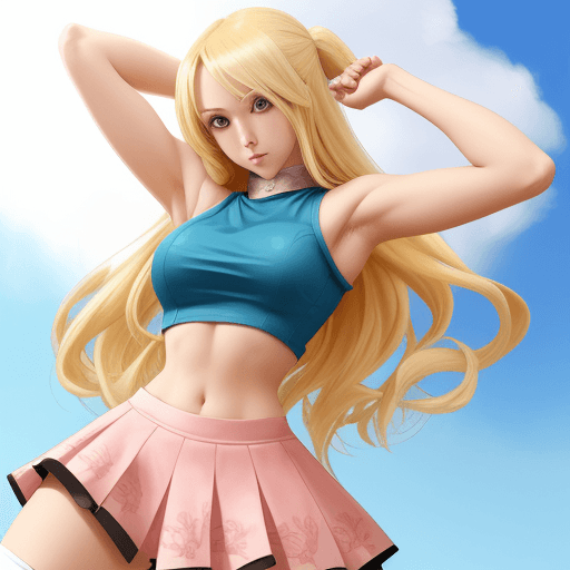 AI generated:  hot long blonde hair anime girl tall and hot crop top arms up pinup