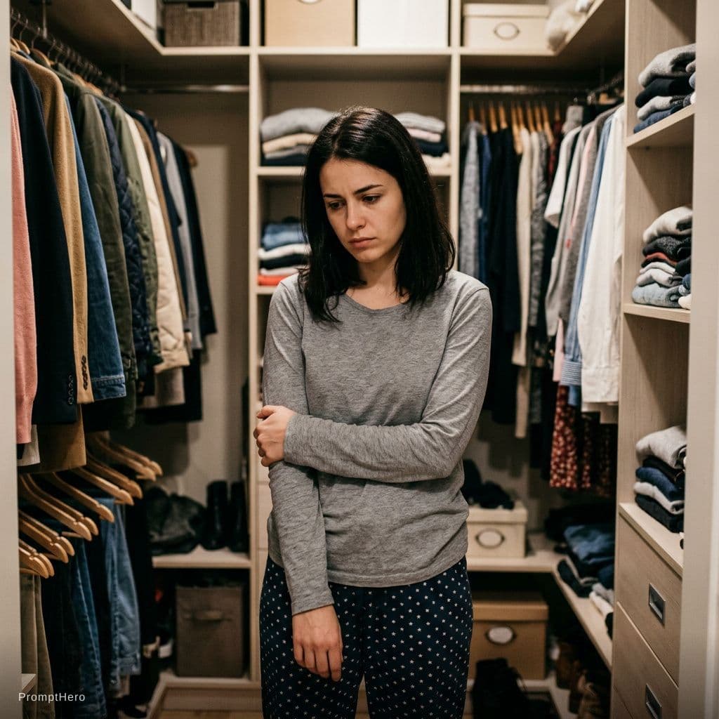 AI generated: Dark haired girl standing in a closet in pajamas  looking unhappy
