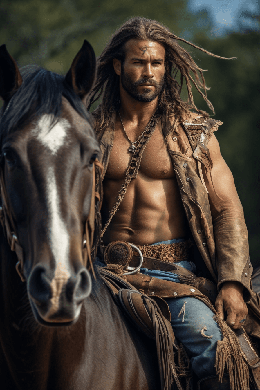 AI generated: cowboy on a horse while posing for a photo, in the style of trendercore, , cut/ripped, light indigo ...