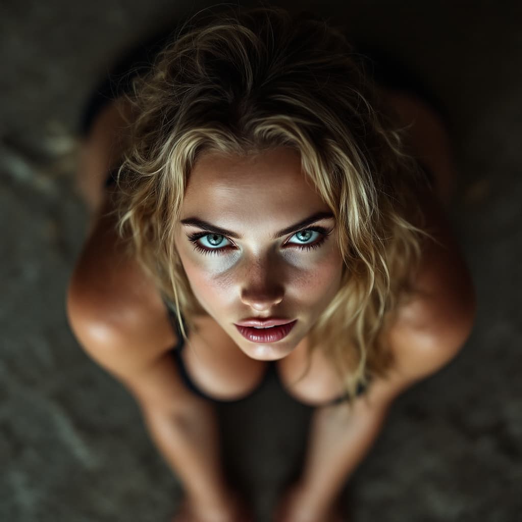 AI generated: close-up of an alluring woman kneeling on the carpeted floor, from above, long tousled blonde hair, ...