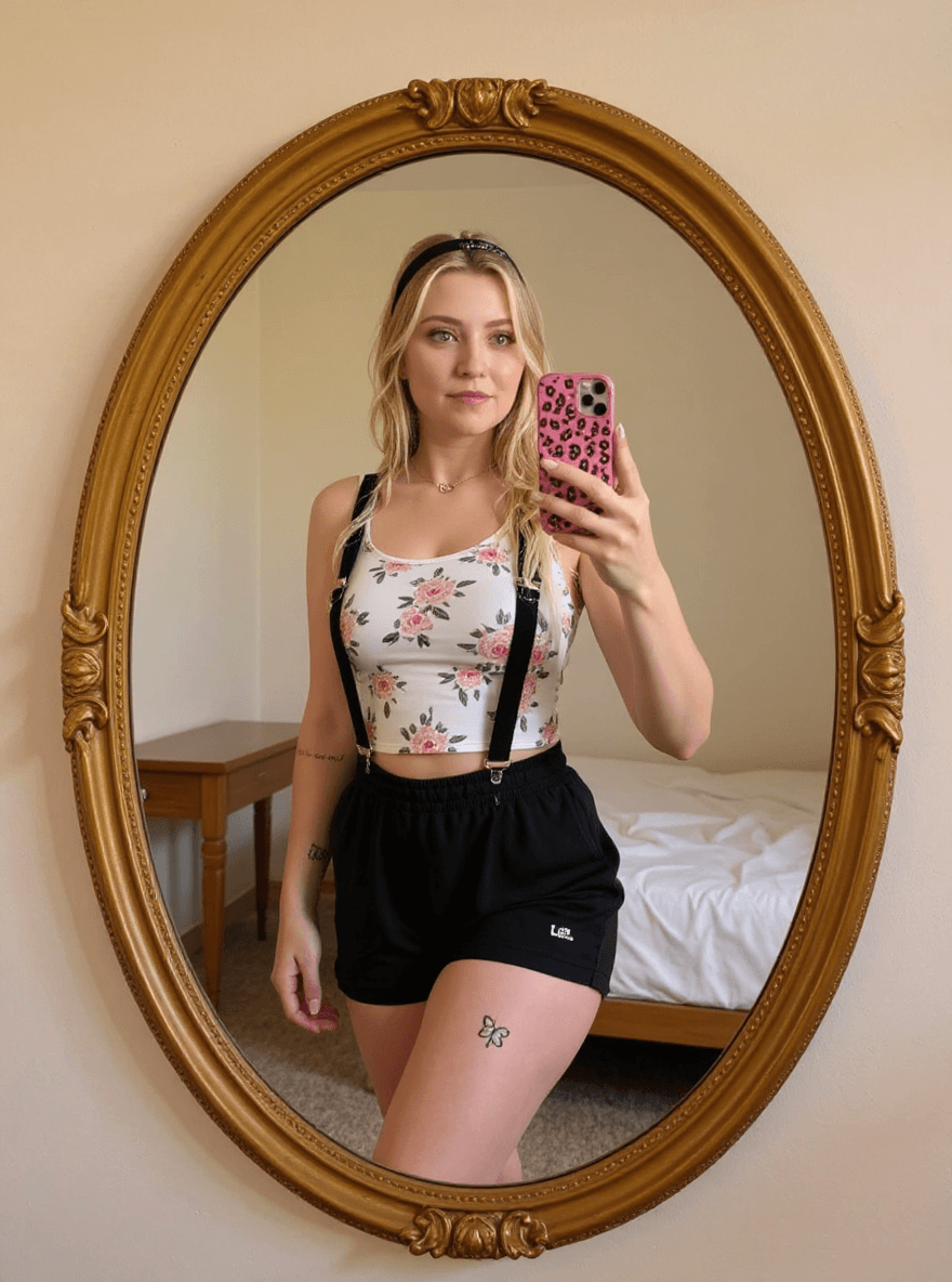 AI generated: A young, fair-skinned woman in her early twenties takes a selfie in front of an ornate oval mirror, ...