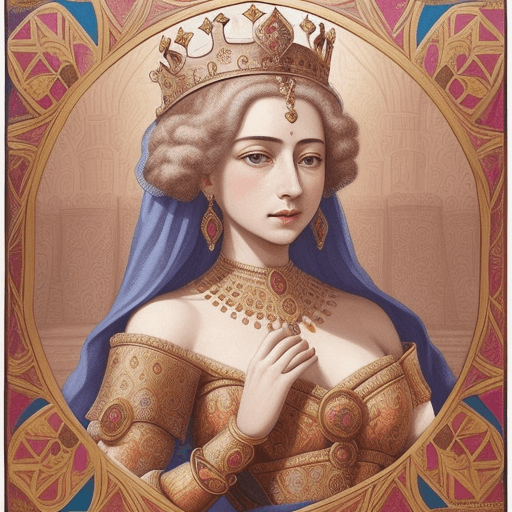 AI generated: Generate a vivid and detailed description of the ancient textile image depicting a beautiful queen. ...