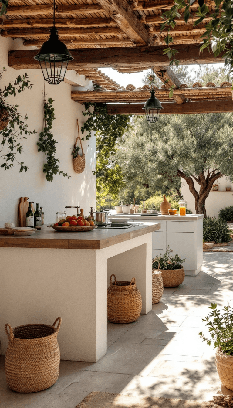 AI generated: photo of a gorgeous sunlit outdoor kitchen in Ibiza style, Spanish finca, Ibiza, big olive tree, sum...