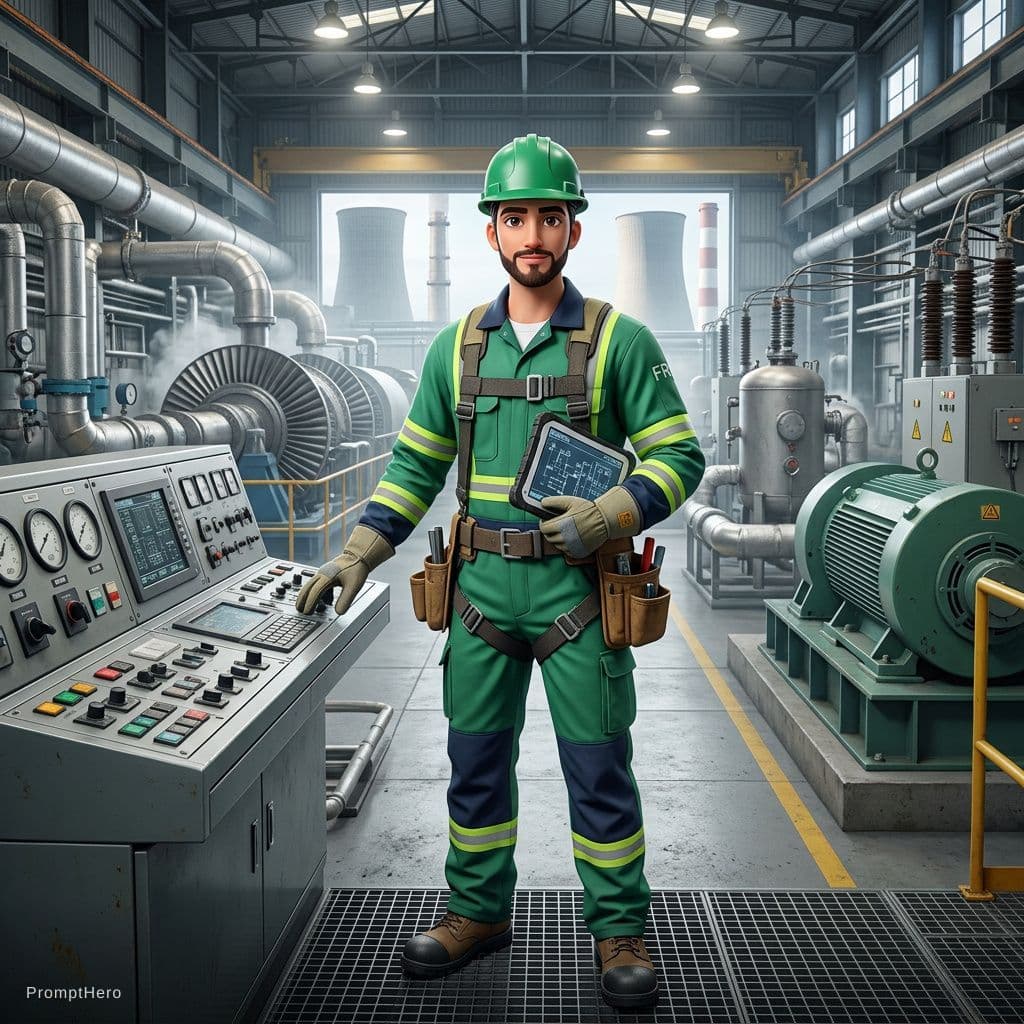 AI generated: A portrait of a young engineer, dressed fully on PPE and wearing safety full
green helmet  helmet on...