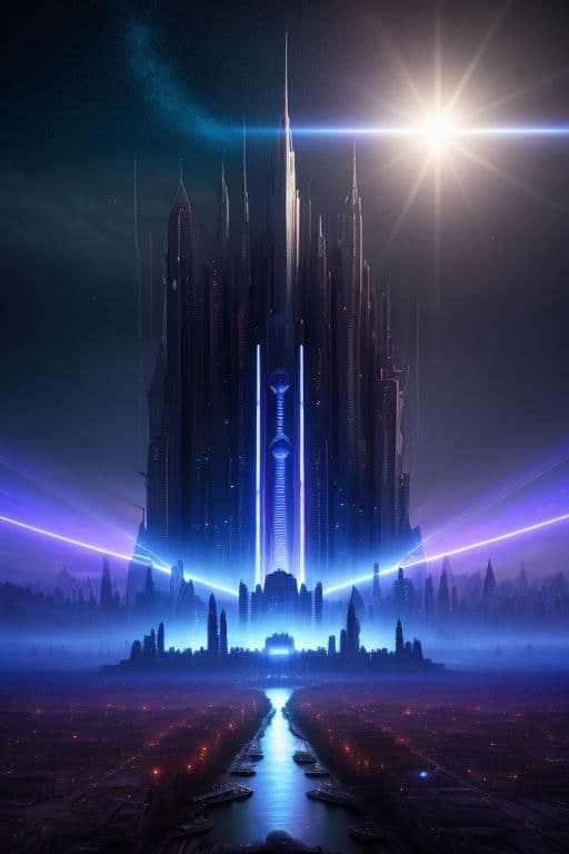 AI generated: surreal atmosphere, city, future, sci-fi, epic fantasy photo, city illuminated by a red and blue lig...