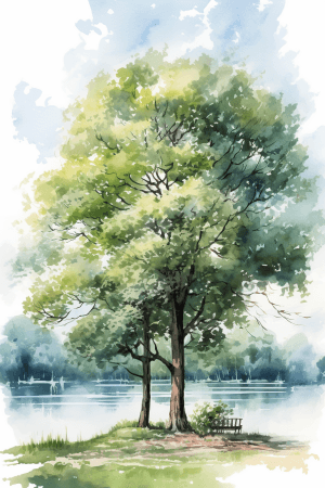 AI generated: Back view of a tree in a park, sketch style, in a serene District, watercolor paint, intricate detai...