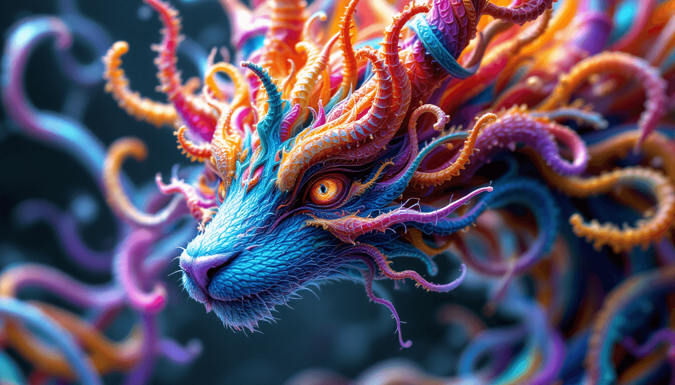 AI generated: close up dof render of a mythical creature made of detailed spiraling fractals and tendrils, detaile...