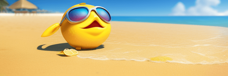 AI generated: A Pixar-style 3D lemon character relaxes on a sunny beach wearing sunglasses, against a backdrop of ...
