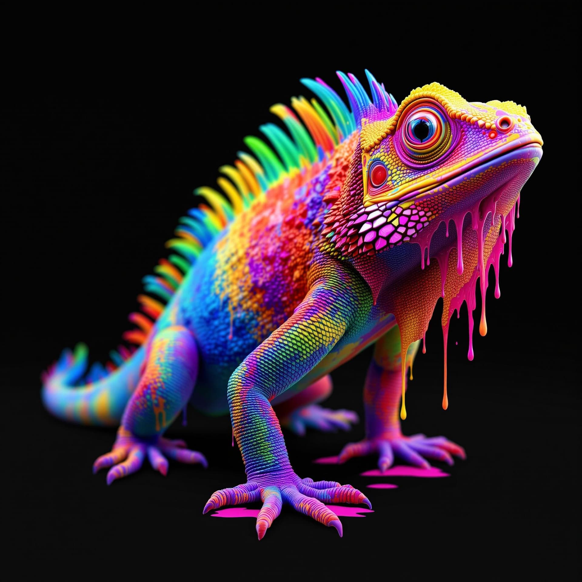 AI generated: A 3D render of a rainbow-colored iguana made of fresh paint. The paint is dripping from the iguana's...