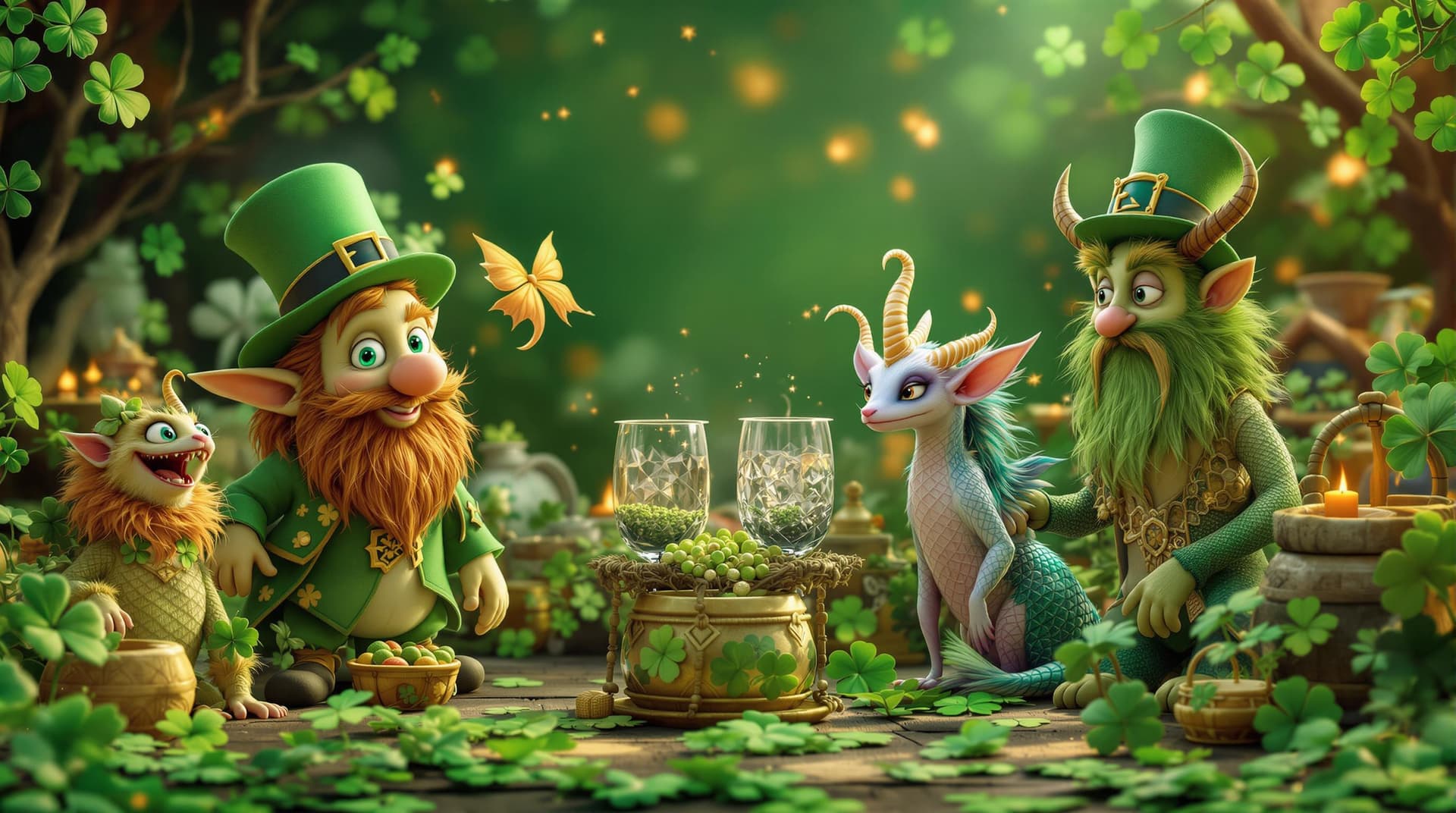 AI generated: St. Patrick's Day celebration featuring mythical fantasy creatures of Ireland, such as leprechauns, ...