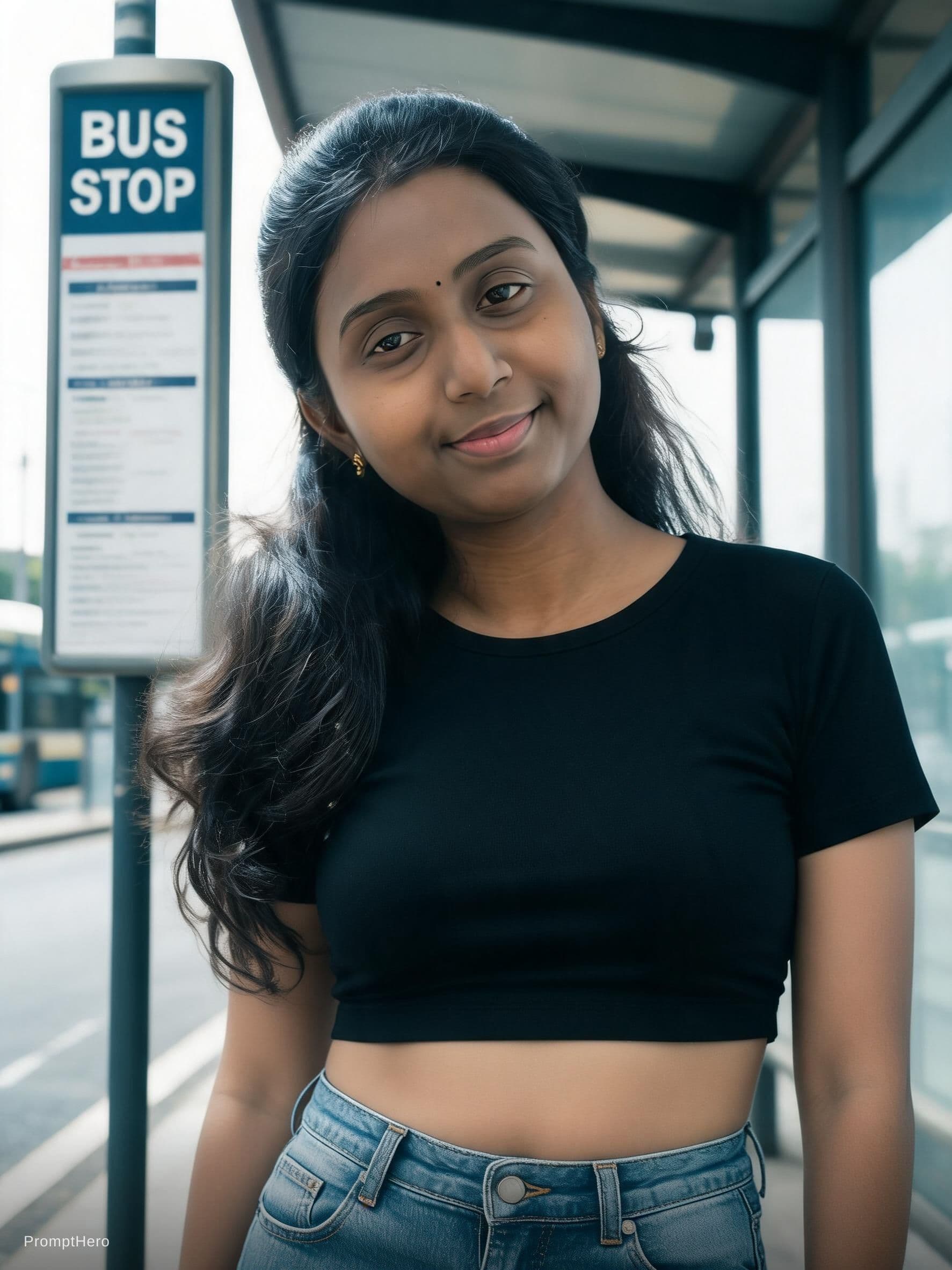 AI generated: a woman wearing a cropped top and jeans standing in front of the bus stop, in the style of Oleg Opri...