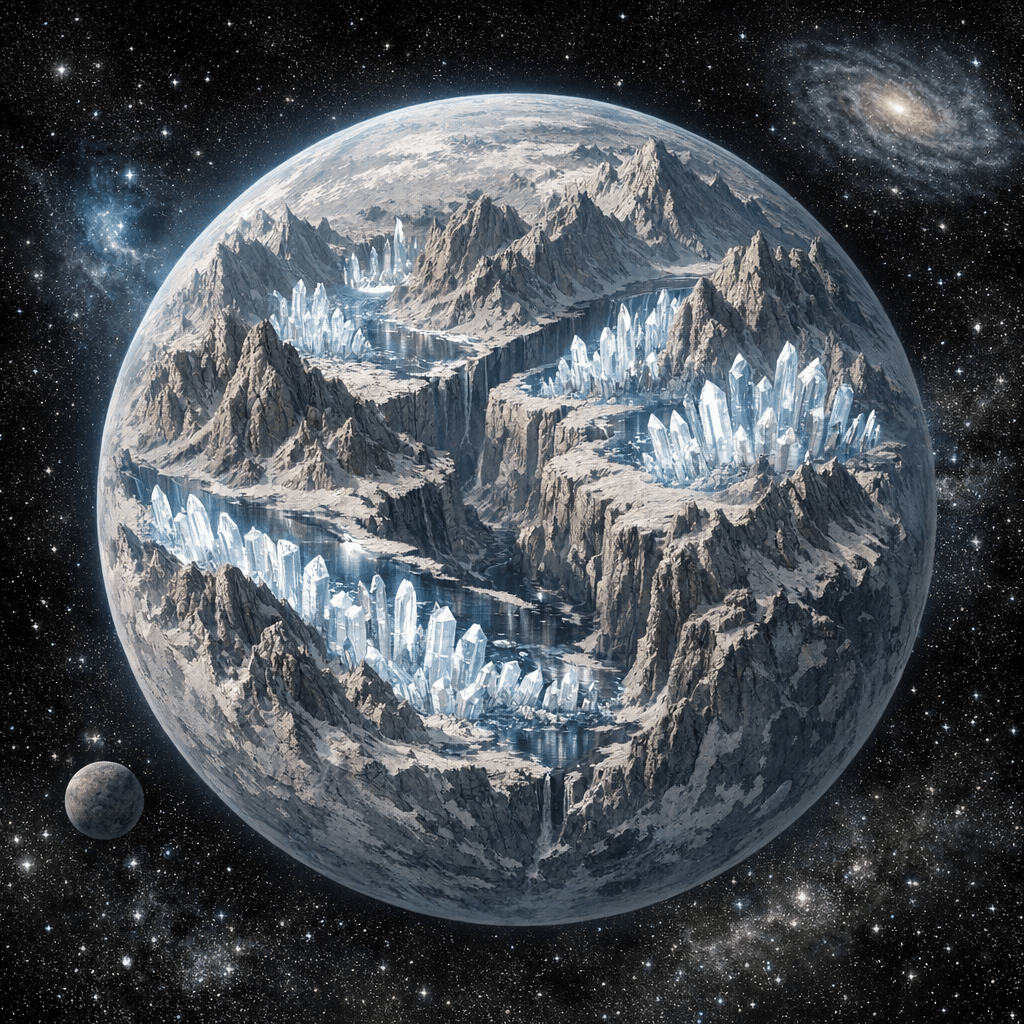 AI generated: A light grey planet with valleys of smooth clear crystal and long deep canyons and lots of very tall...