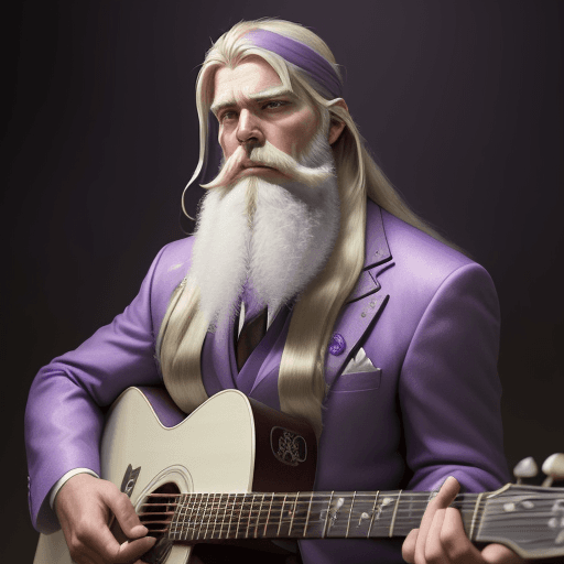 AI generated: 8k a middle aged country man with long blonde hair with one arm wearing purple and white suit with a...