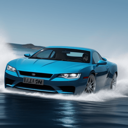 AI generated: a blue car driving throw the water,cool,gowing,--ar,7v 8;75fgt .