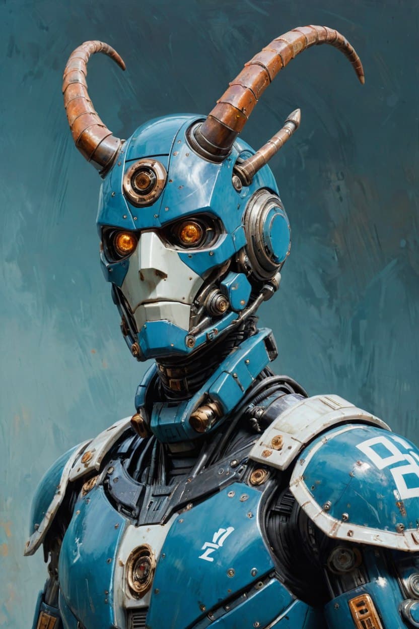 AI generated: a cyborg in a blue suit and helmet, face covered, powerful heavy arms very large, heavy armor, horns...