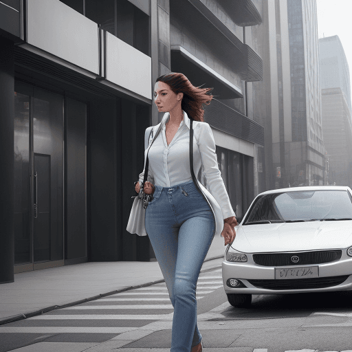 AI generated: The image features a woman walking down a street while holding a handbag. She is wearing a white shi...