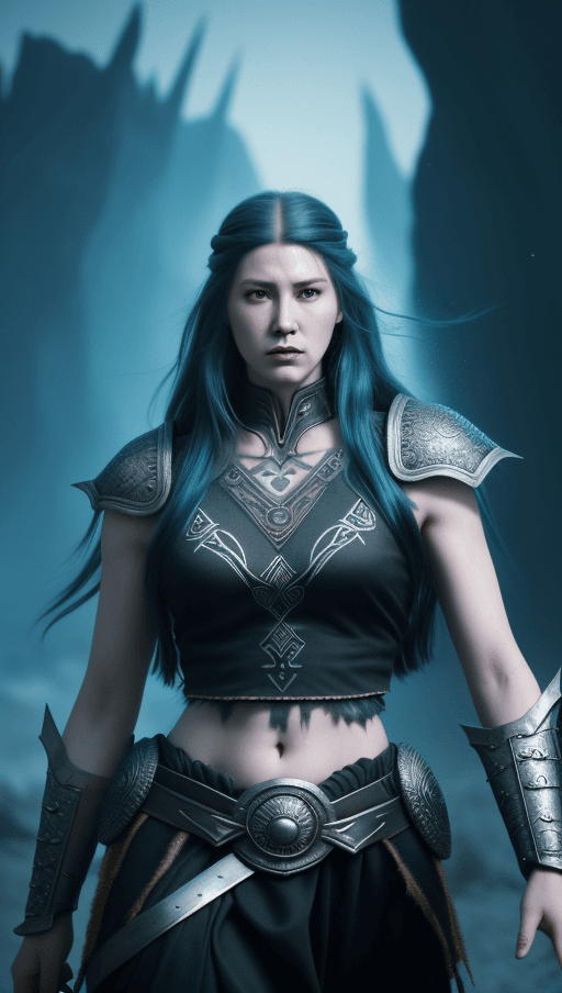AI generated: Realistic full-body photo of a majestic fierce viking woman, leader, mind-blowing details, ethereal,...