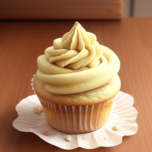 AI generated: a banana cupcake on a   have candy on top of it
 wooden table,
