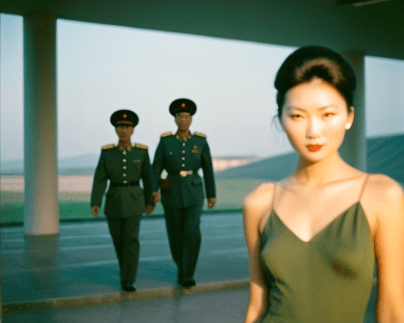 AI generated: AnalogRedmAF, blurry kodak disposable photo, swedish fashion model, modern north korean army in the ...