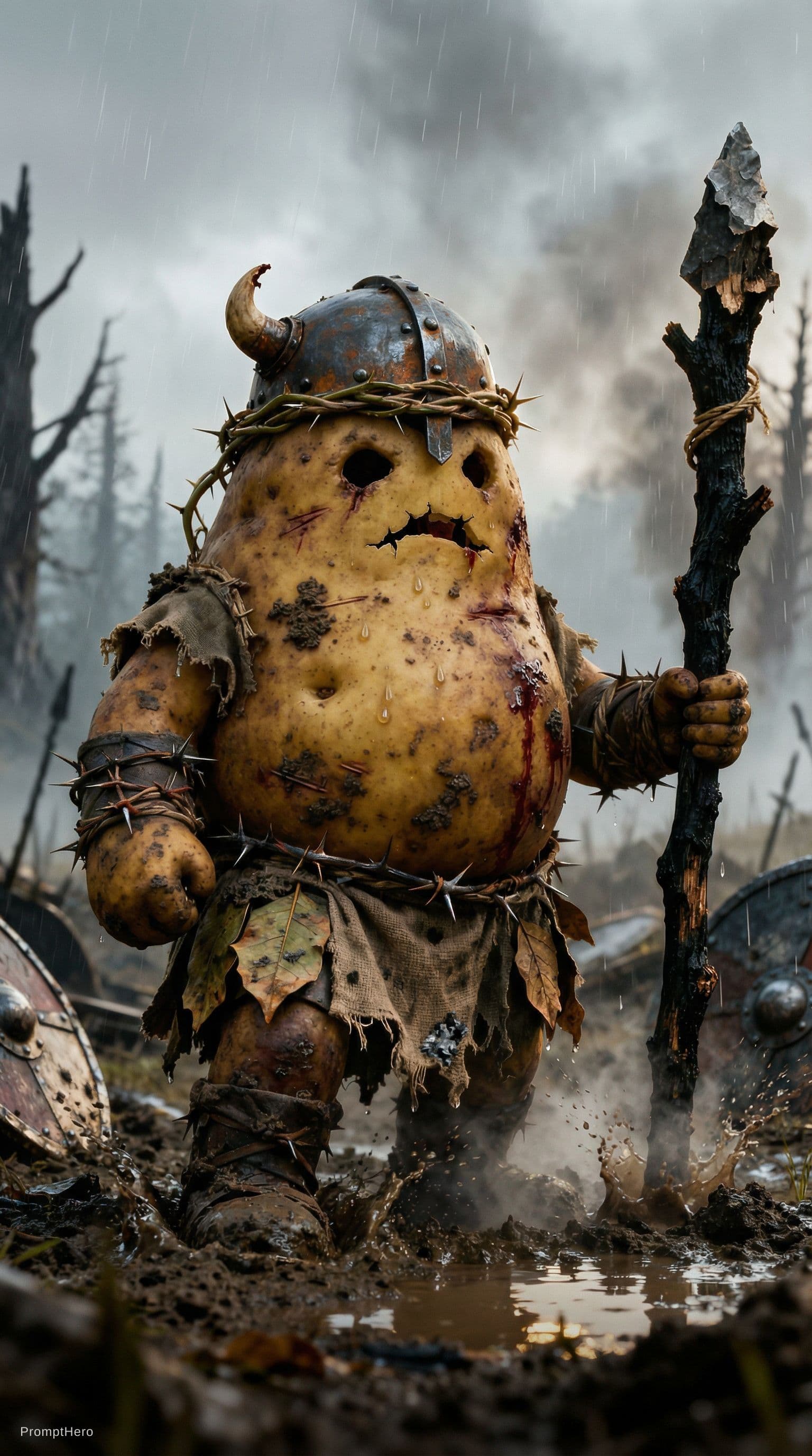 AI generated: Cinematic ultra realistic scene of the exact same potato warrior from the reference image walking sl...
