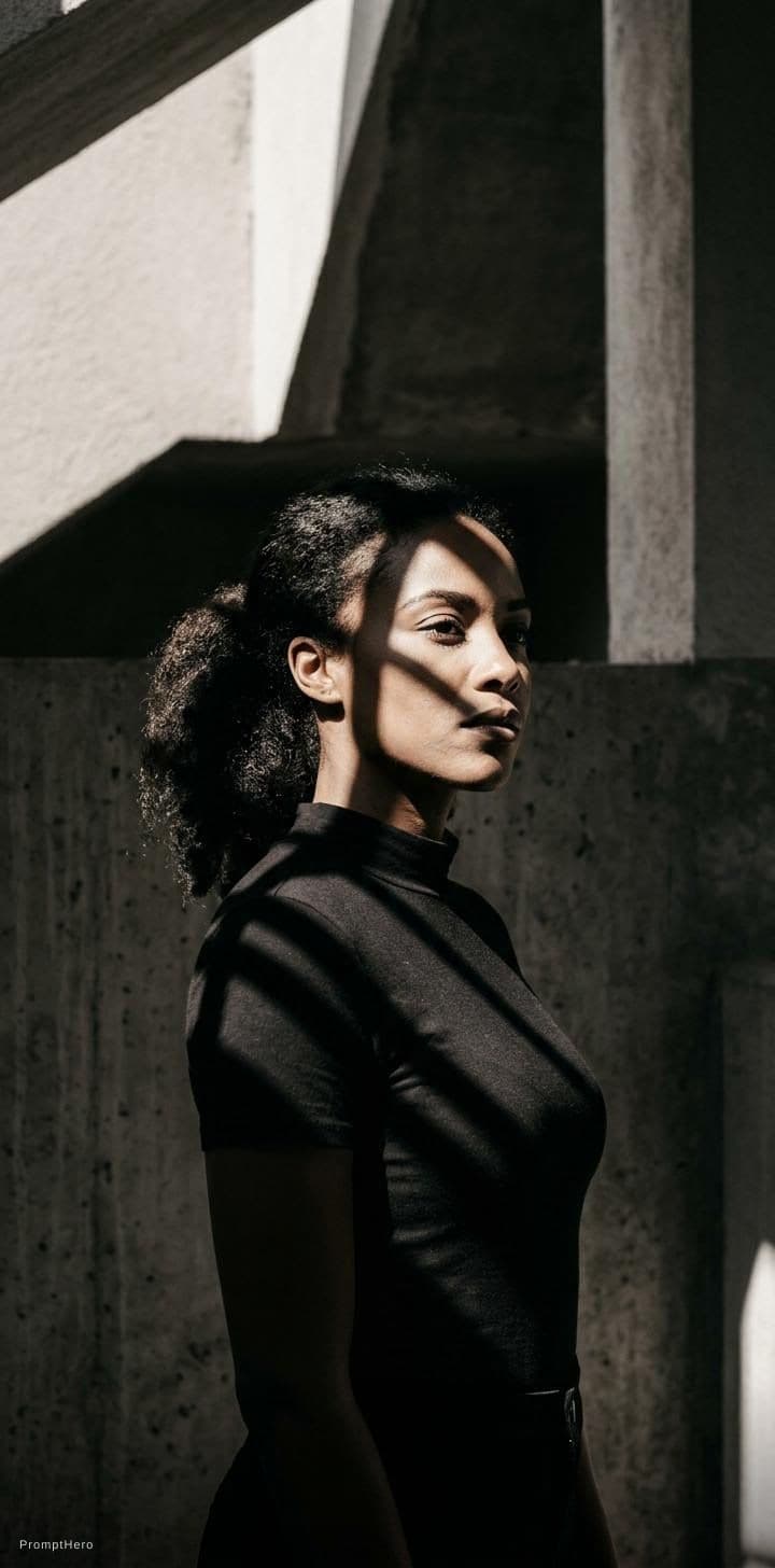 AI generated: high-resolution photograph, woman, stunning use of shadows, in the syle of crisp lines and forms,  U...