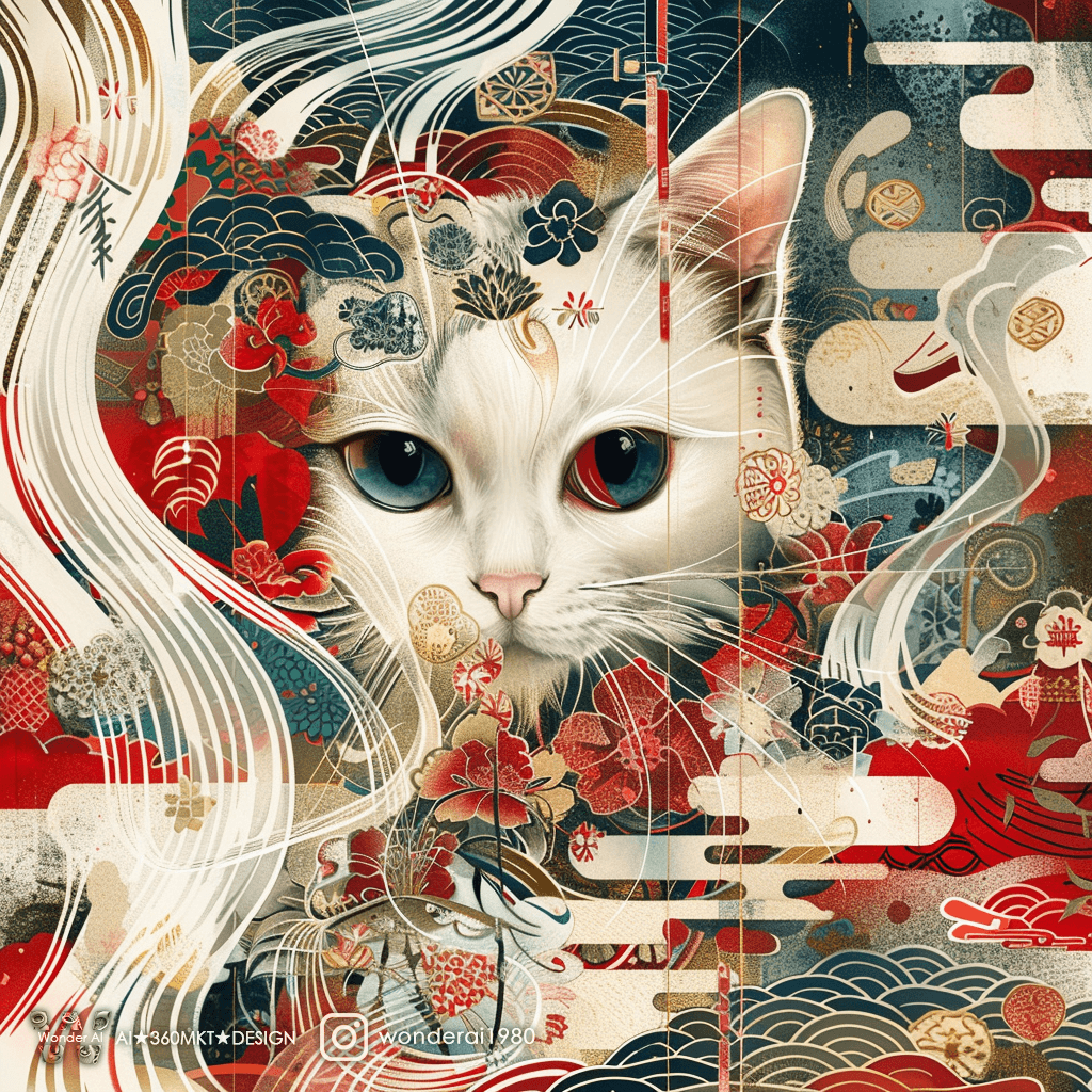 AI generated: A Japanese cat is portrayed in an abstract, geometric style using the colors white and red, with tra...