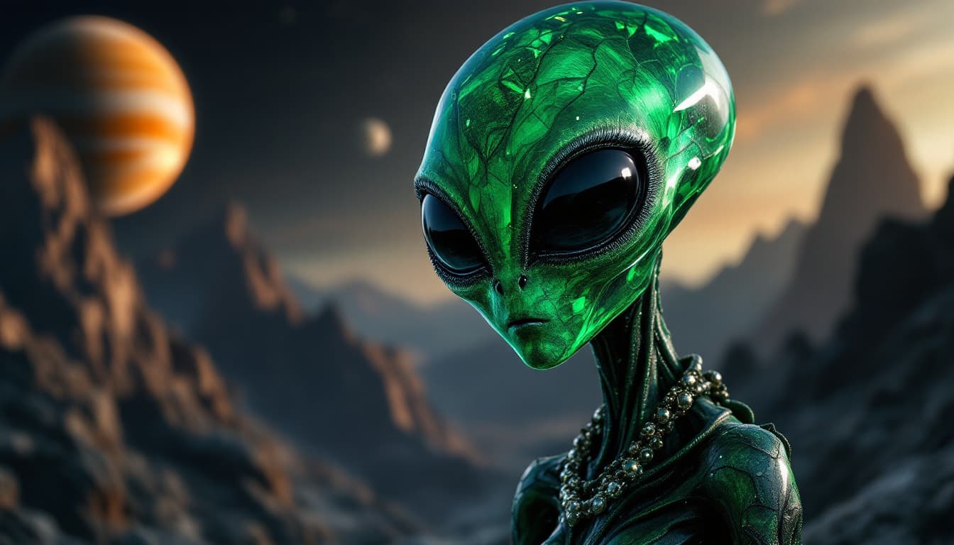 AI generated: an alien made of Velvet Malachite::2 big shiny black eyes, soulful eyes::planet in the background