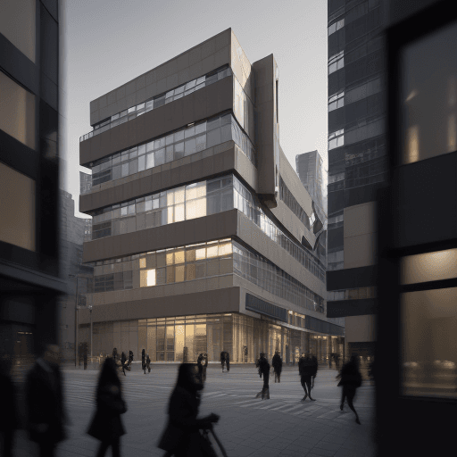 AI generated: photography, eye-level, front view, a contemporary urban building facade during twilight with pedest...