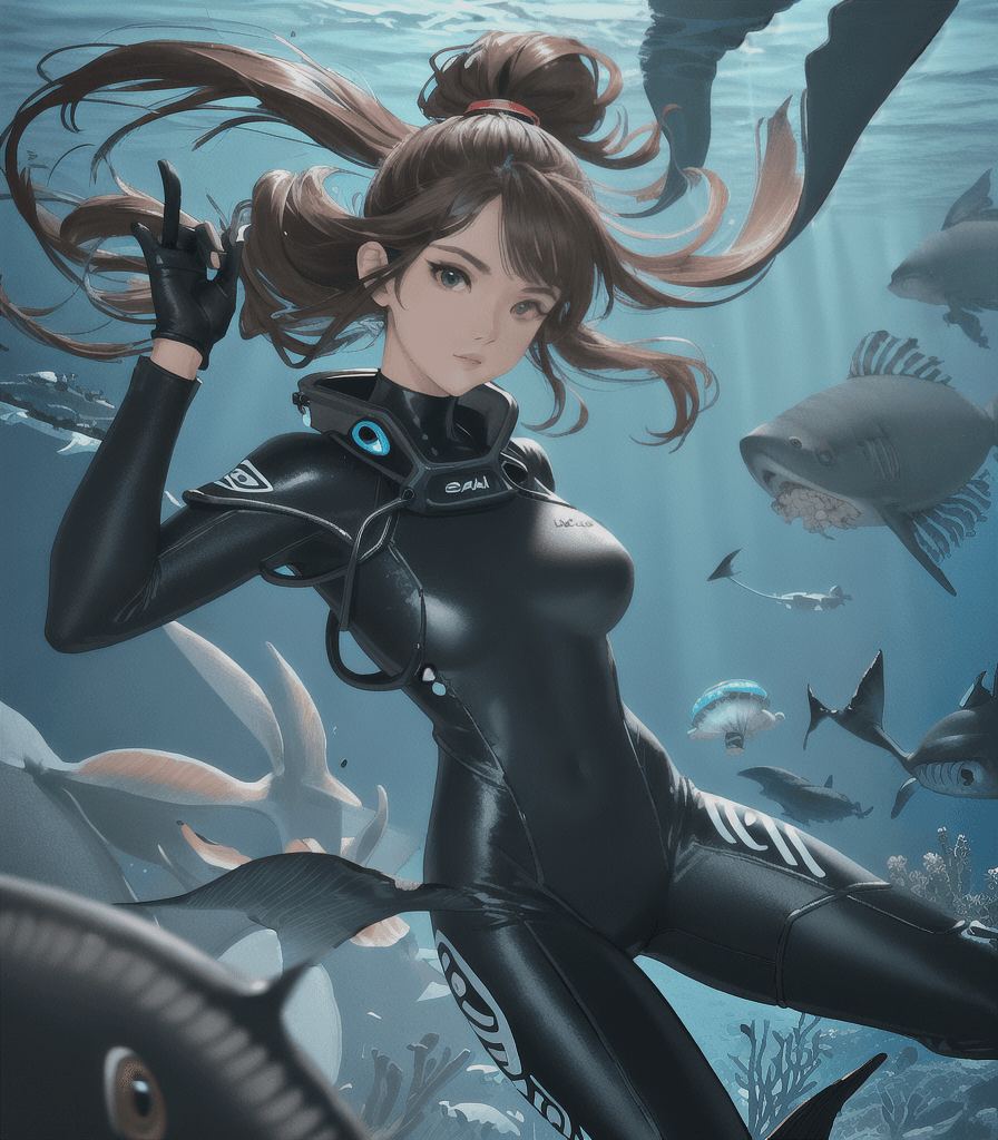 AI generated: (perfect anime illustration), 1girl, solo, (ponytail), brown hair, (huge breasts:1.2), black scuba d...
