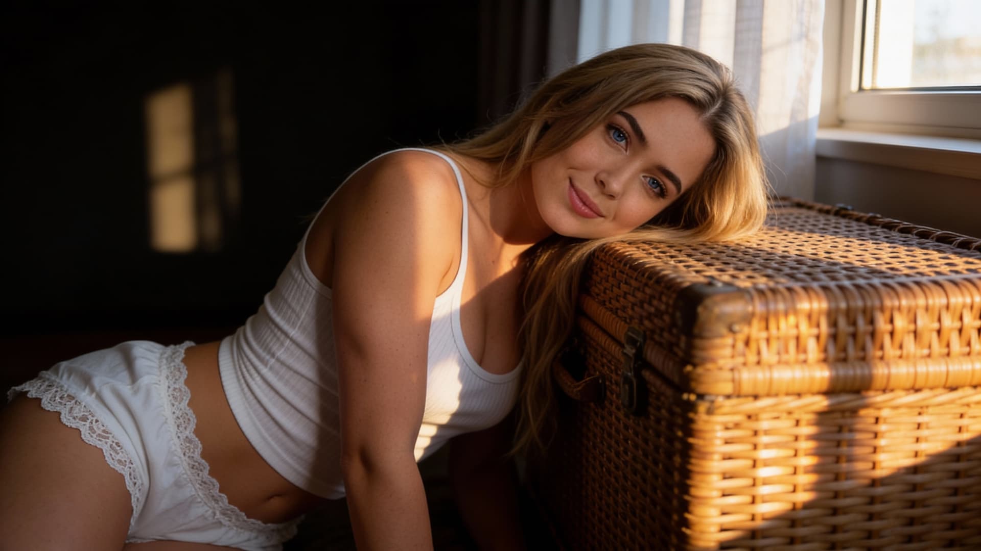 AI generated: realistic cinematic image with dark shadows and high contrast, A fit 25yo woman with long blonde hai...