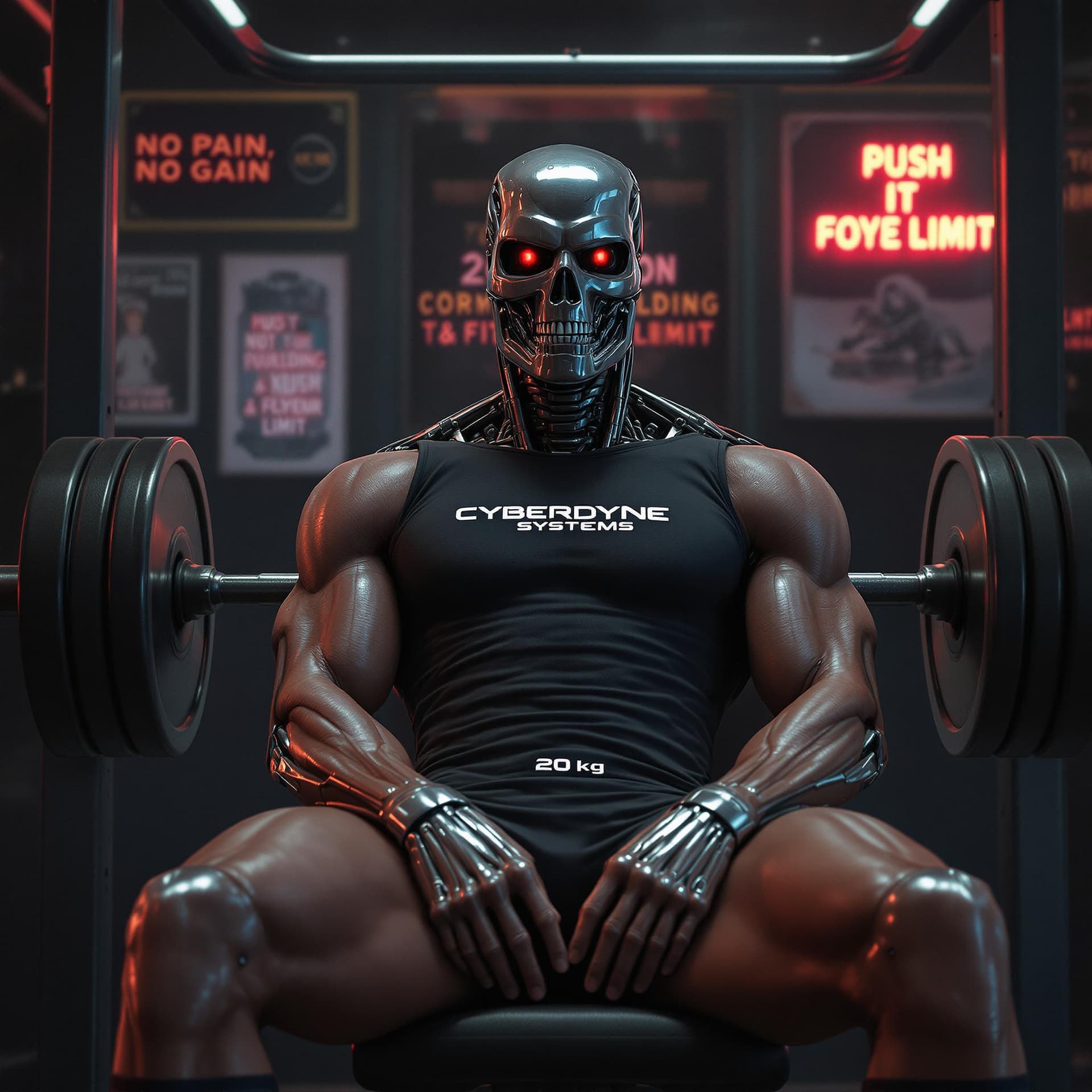 AI generated: A hyperrealistic 1980s-style cinematic scene showing the Terminator from The Terminator movie seated...