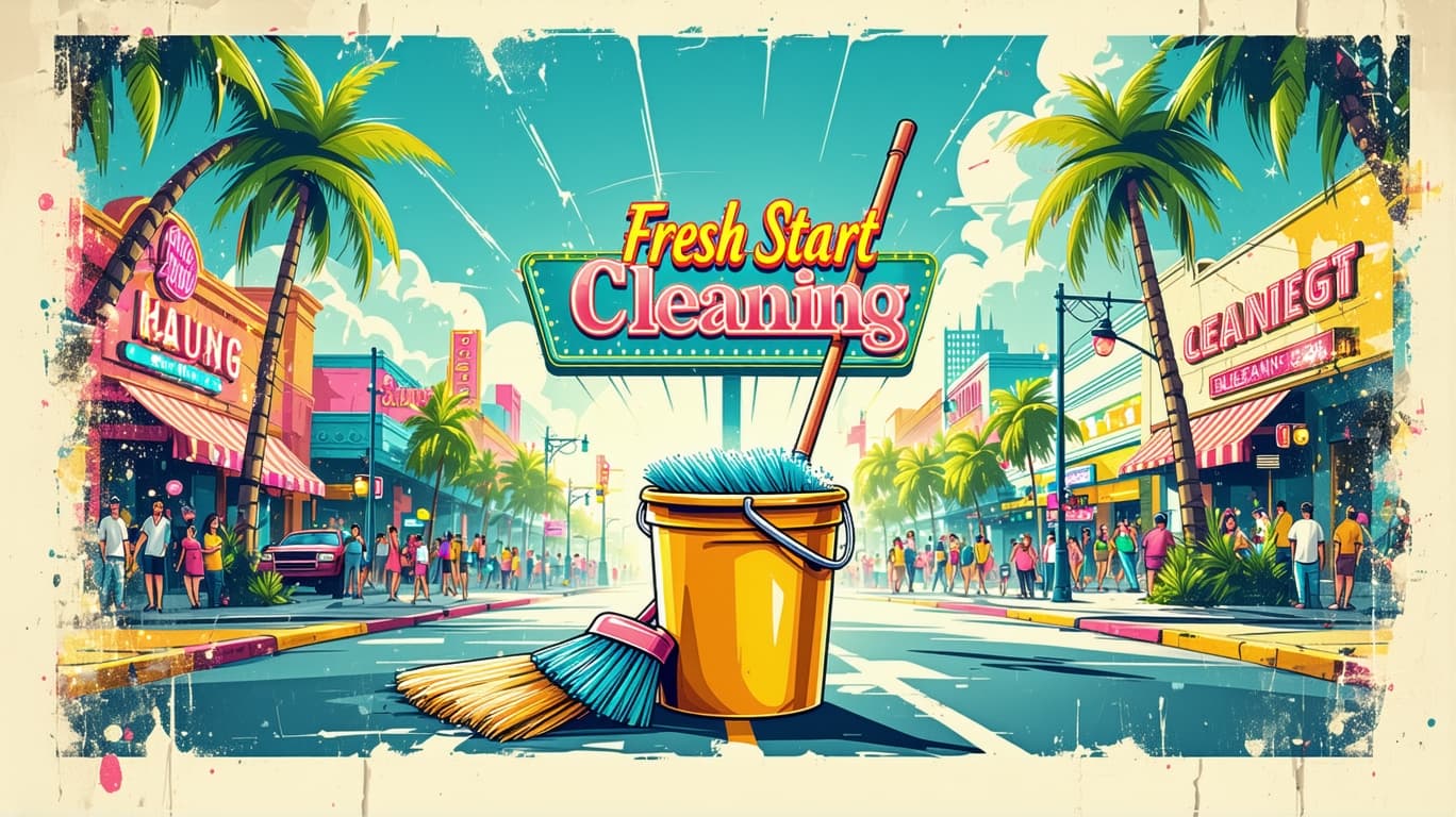 AI generated: Retro-style illustration, vibrant and colorful, featuring a cleaning bucket with a mop in the center...