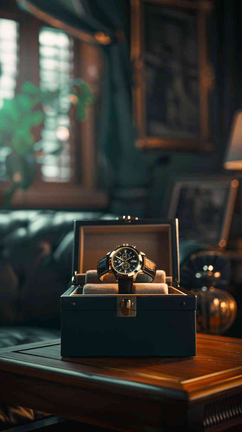 AI generated: photograph, productive view, premium watch presentation box, Sony A7R IV with a FE 50mm f/1.2 GM len...